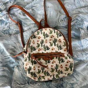 Cactus Print Backpack with Brown Accents